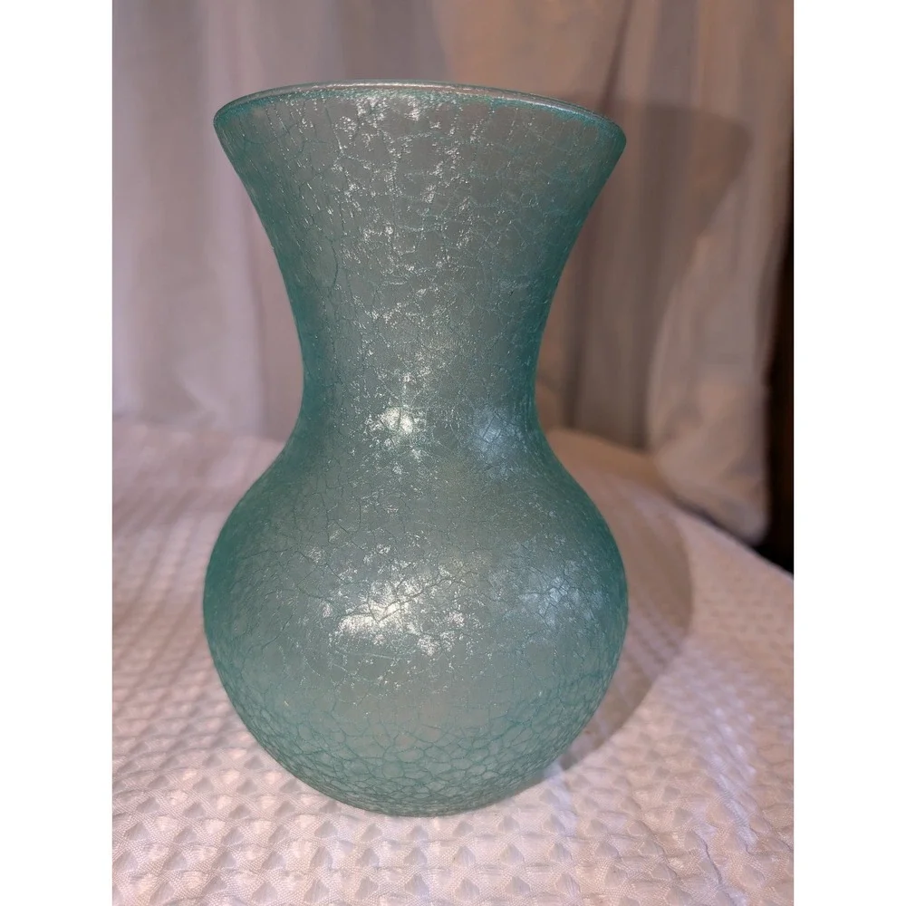 Vintage Libbey Frosted Crackled Glass Vase Seafoam Green 7